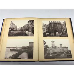 Early 20th century Japanese postcard album, the lacquered wooden covers with shibayama panel to the front, partially stocked with fifty Japanese postcards; Victorian album containing fifty-six laid-in photographs of British & Continental topographical scenes; mid-20th century album of Norwegian photographs; and quantity of Victorian cabinet photographs etc