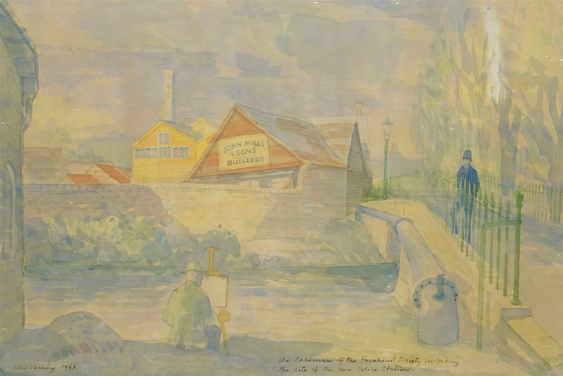 Sir John Verney (British 1913-1992): 'Mills Yard' - The Chairman of the Farnham Society Recording the Site of the New Police Station, watercolour signed and dated 1961, titled verso 33cm x 49cm 