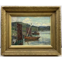 David Martin (Scottish fl.1884-1935): Fishing Boats Moored on the Coast of Scotland, oil on canvas signed 29cm x 39cm