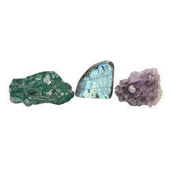 Natural History; malachite specimen, Labradorite specimen and amethyst geode 