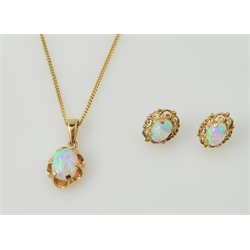  9ct gold opal pendant necklace hallmarked 9ct and a similar pair stud ear-rings   