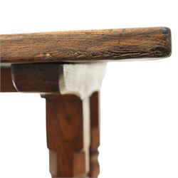 Mouseman - 1937 refectory table, Sir Herbert Baker commission for Westminster Church House, the rectangular adzed plank top above twin octagonal baluster supports united by a pegged stretcher, raised on shaped sled bases carved with a partridge and a loaf of bread, with carved mouse signature to inside leg, by Robert Thompson of Kilburn

The carved loaves reference the original patron, while the partridges are thought to represent Frank Partridge, Bishop of Portsmouth from 1877 to 1941, who played a key role in the founding of Church House and served as its Secretary from 1936 until 1941

Reference
Christie’s ROBERT “MOUSEMAN” THOMPSON; Refectory Table, Lot 188, sold at Christie’s London, commissioned by Sir Herbert Baker KCIE, RA, architect of Church House (opened 1937). Provenance and description available on the Christie’s website
https://www.christies.com/en/lot/lot-4618786