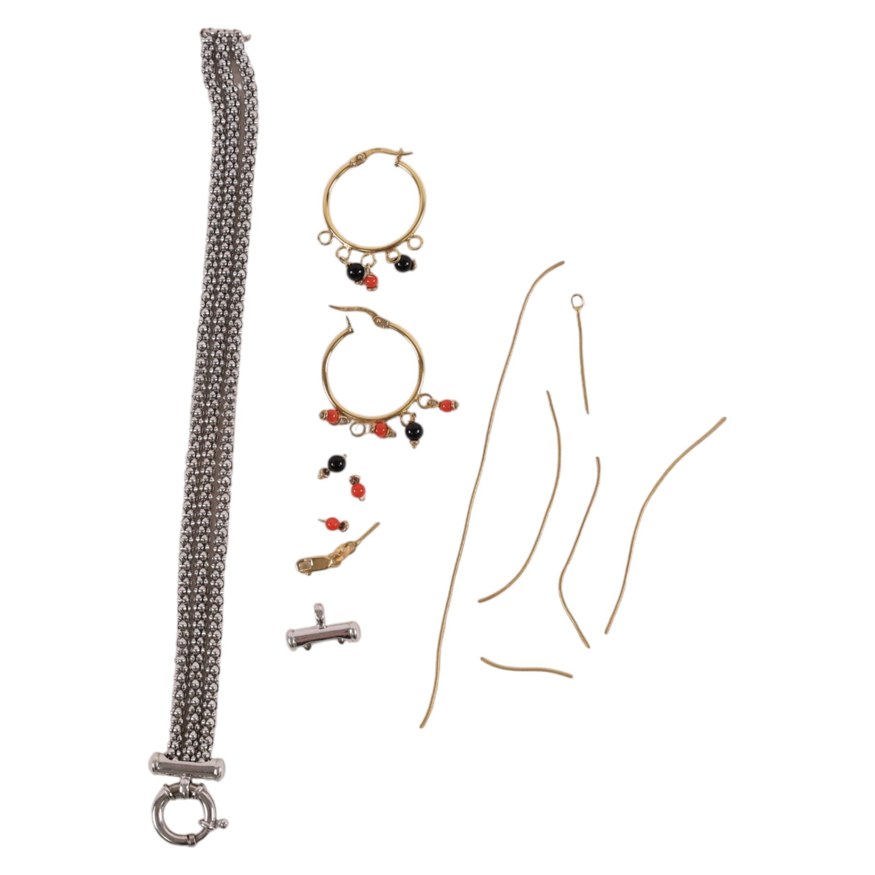 9ct gold jewellery, comprising white gold bracelet, beaded hoop earrings and pieces of chain