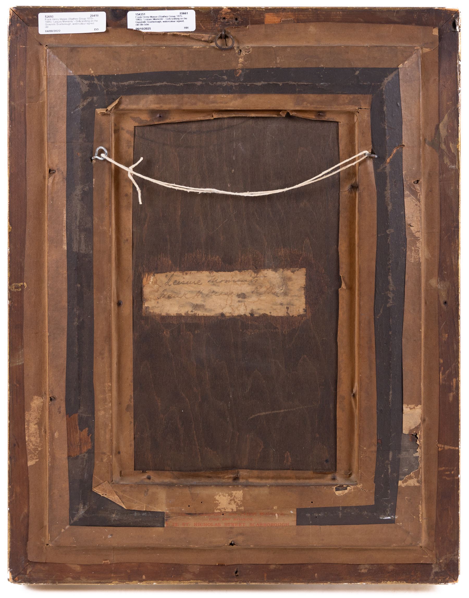 Frank Henry Mason (Staithes Group 1875-1965): 'Leisure Moments' - Girls Knitting on the Quayside Scarborough, watercolour signed, old title label verso 28cm x 18cm
Provenance: purchased David Duggleby Ltd 16th September 2022 Lot 150