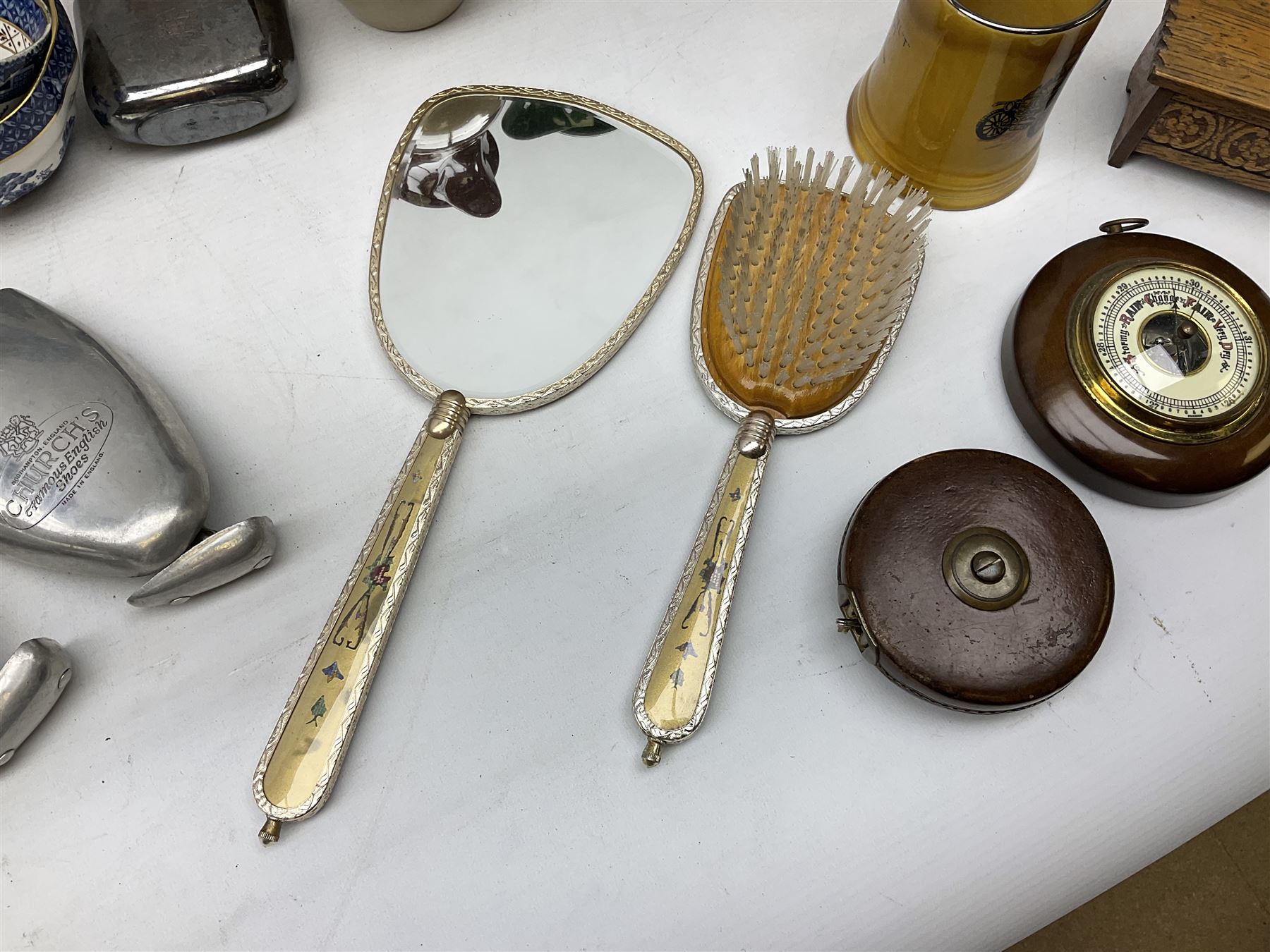 Booths Old Willow pattern plates, teacups and saucers, together with Stuart Crystal bowl with frog lid, small barometer and other collectables