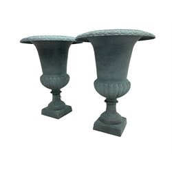 Pair of Victorian design teal painted cast iron campana shaped garden urns, egg and dart rim over a gadrooned underbelly, tapering column on square plinth base - THIS LOT IS TO BE COLLECTED BY APPOINTMENT FROM DUGGLEBY STORAGE, GREAT HILL, EASTFIELD, SCARBOROUGH, YO11 3TX