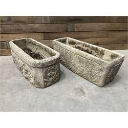 Ornate cast stone rectangular garden planter, lion mask and swag detail, and s similar planter (2)