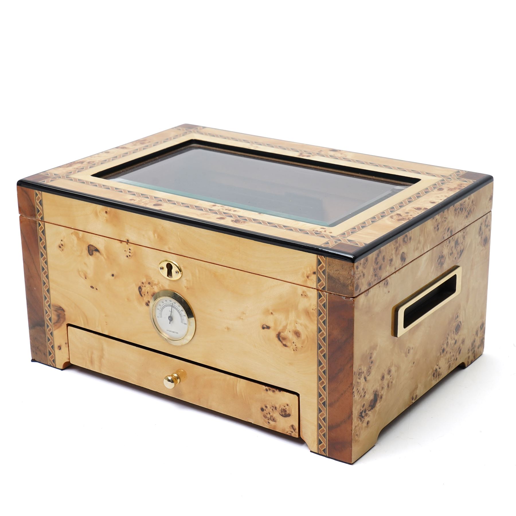 Modern burr wood  humidor, the hinged lid inset with a glass panel, recessed side handles and single drawer 35cm x 25cm x 18cm