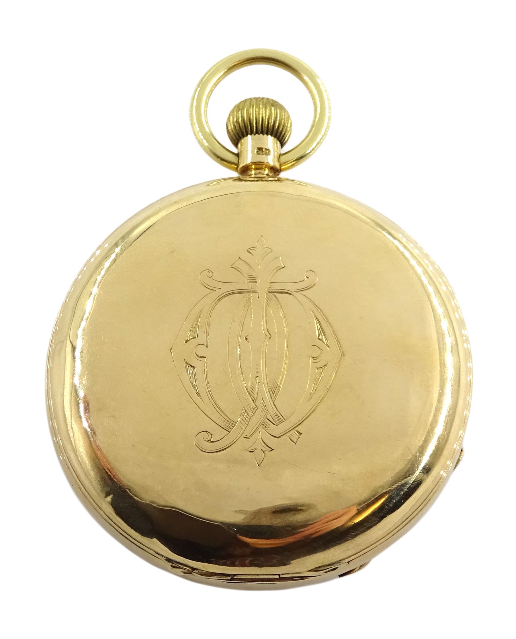 Edwardian 18ct gold full hunter, keyless chronograph pocket watch by Talbot & Son, London, No. 17889, the movement inscribed 'Talbot & Son Chronometer Makers', white enamel dial with Roman numerals, case makers mark B B, Chester 1904