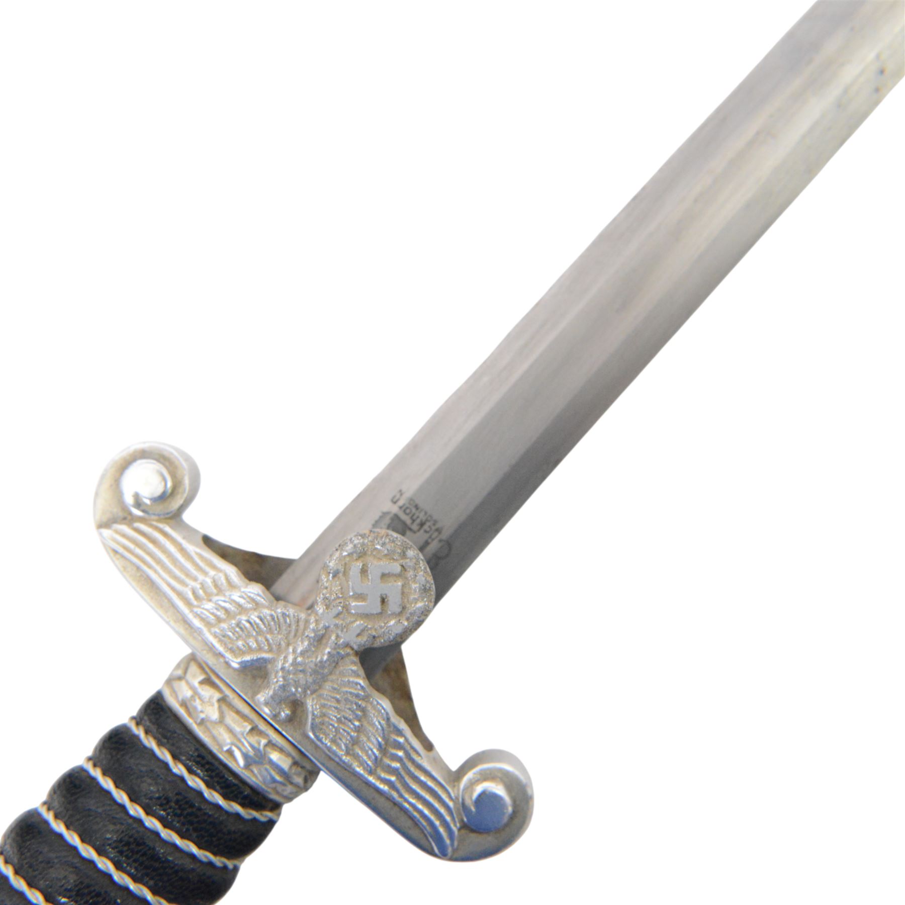 WWII German Third Reich Land Customs Officers dagger, the L30cm double edged blade stamped to the ricasso  Eickhorn Solingen, wire bound leather grip with laurel pommel, eagle and swastika crossguard, in leather scabbard with white metal mounts, overall L41cm