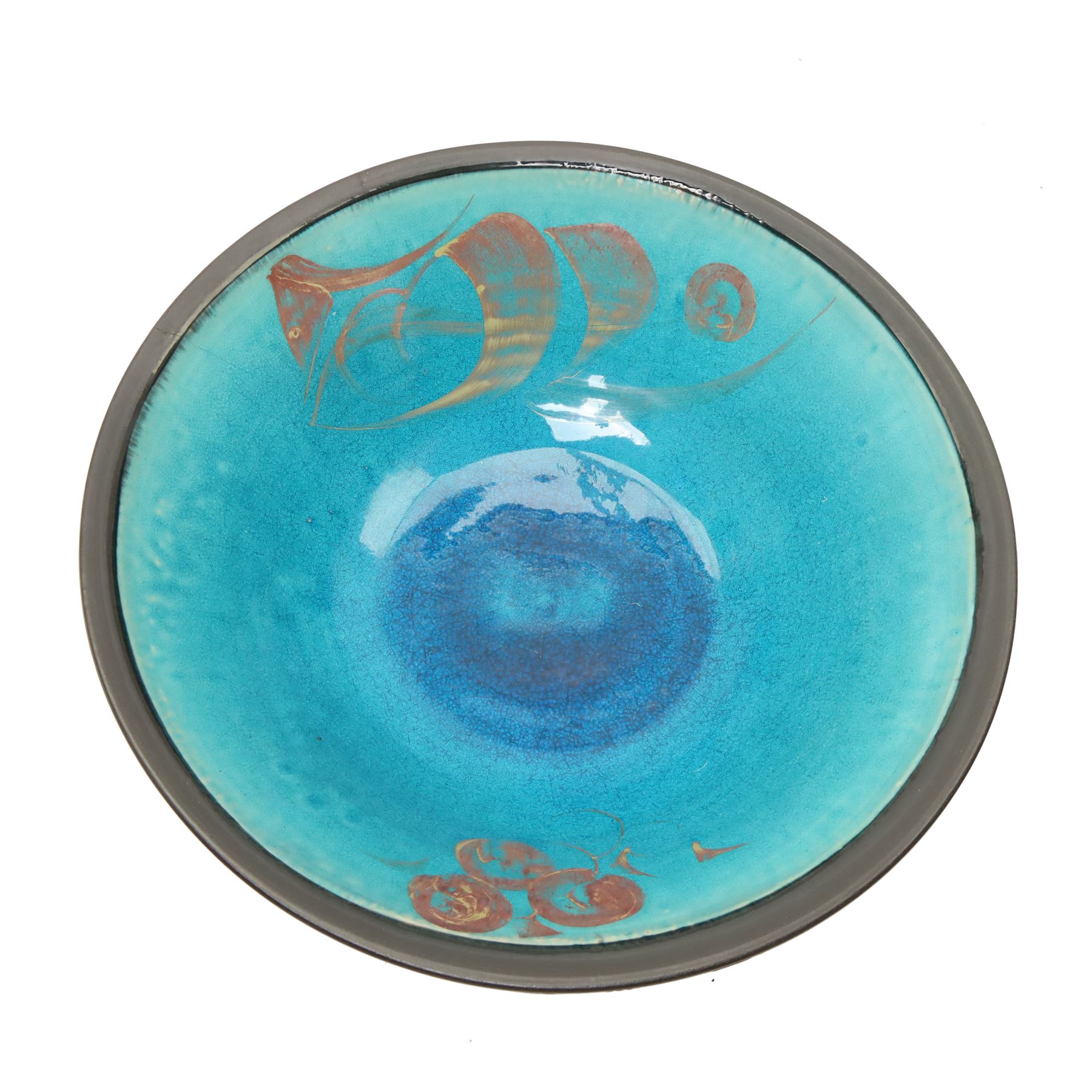 Large Crowan Pottery bread crock, H30cm; together with a studio pottery oval shallow dish, D52cm, and an Alan Caiger-Smith bowl, D42cm, variously marked and inscribed (3)