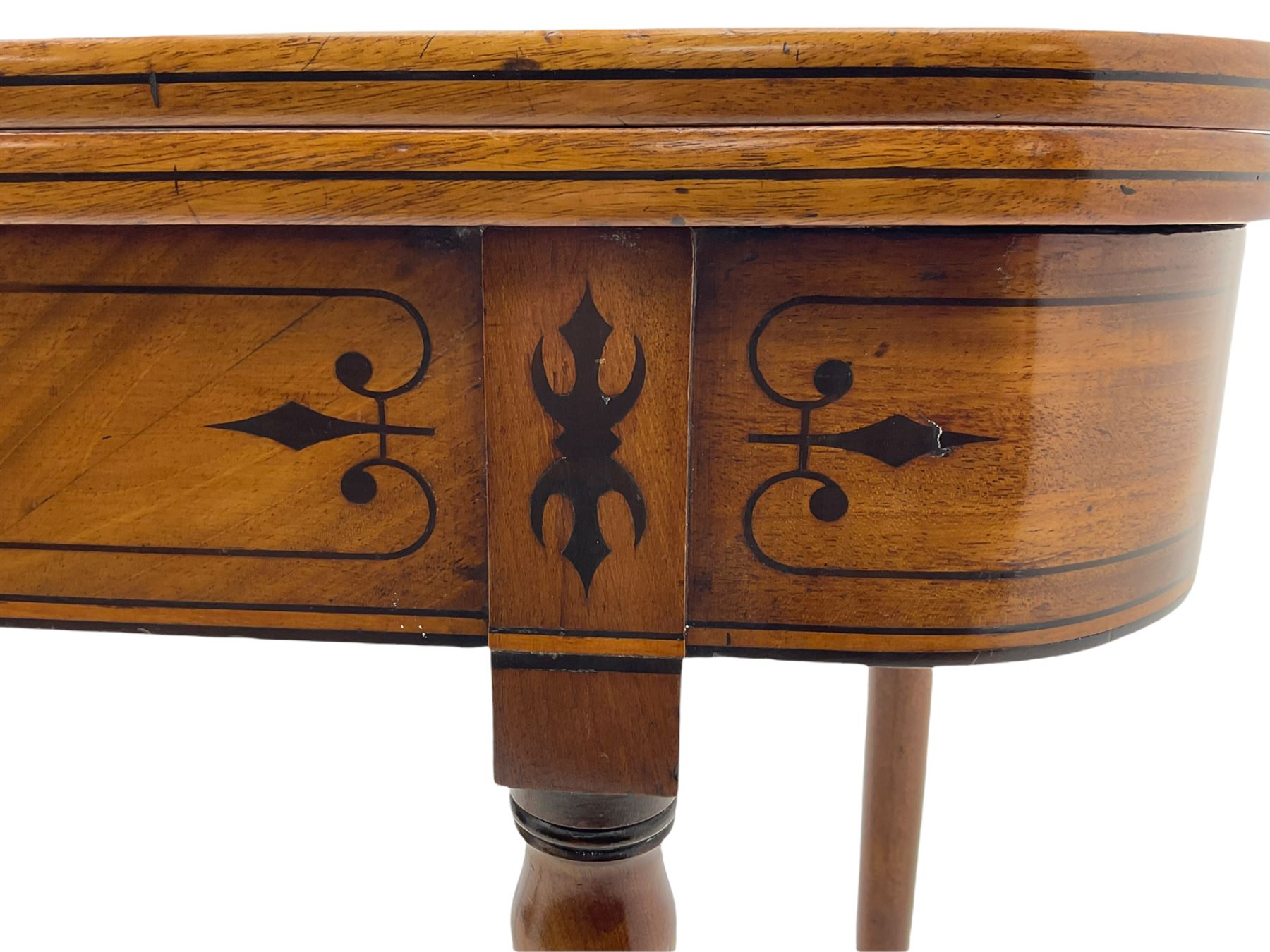Early 19th century inlaid mahogany D-shaped tea table, fold-over top