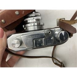 Collection of cameras to include Halina 35x, Kodak Retina IIa, Vivitar 320Z together with metal ware, including hammered footed bowl, bedpan, and other collectables 