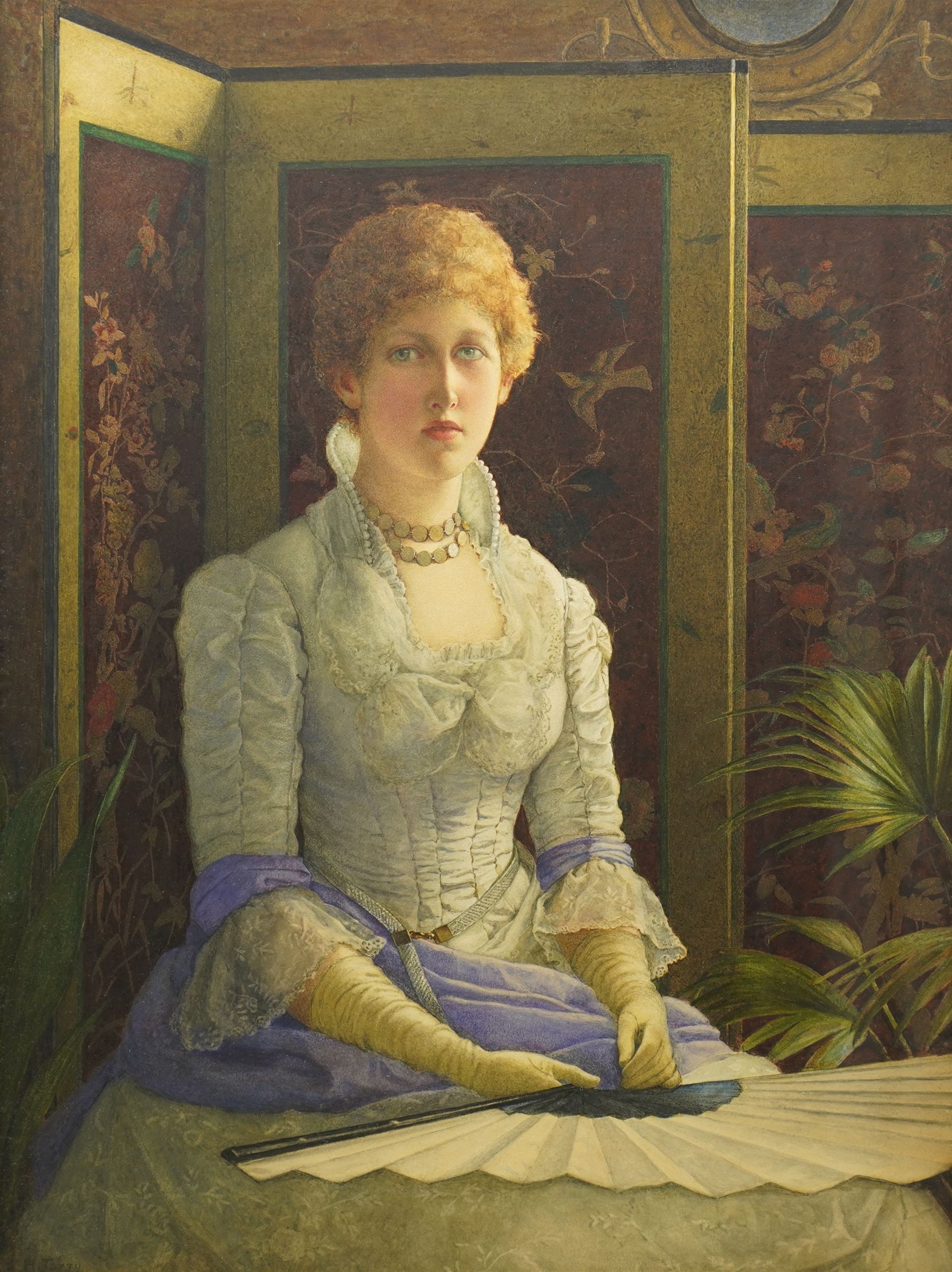 Henry M Terry (British fl.1879-1920): 'Her First Season' Portrait of a Seated Victorian Lady Holding a Fan, watercolour signed and dated 1884, titled and inscribed on artist's address label verso 67cm x 50cm
Provenance: exh. Christopher Wood Gallery; purchased Phillips 1996 for £3700