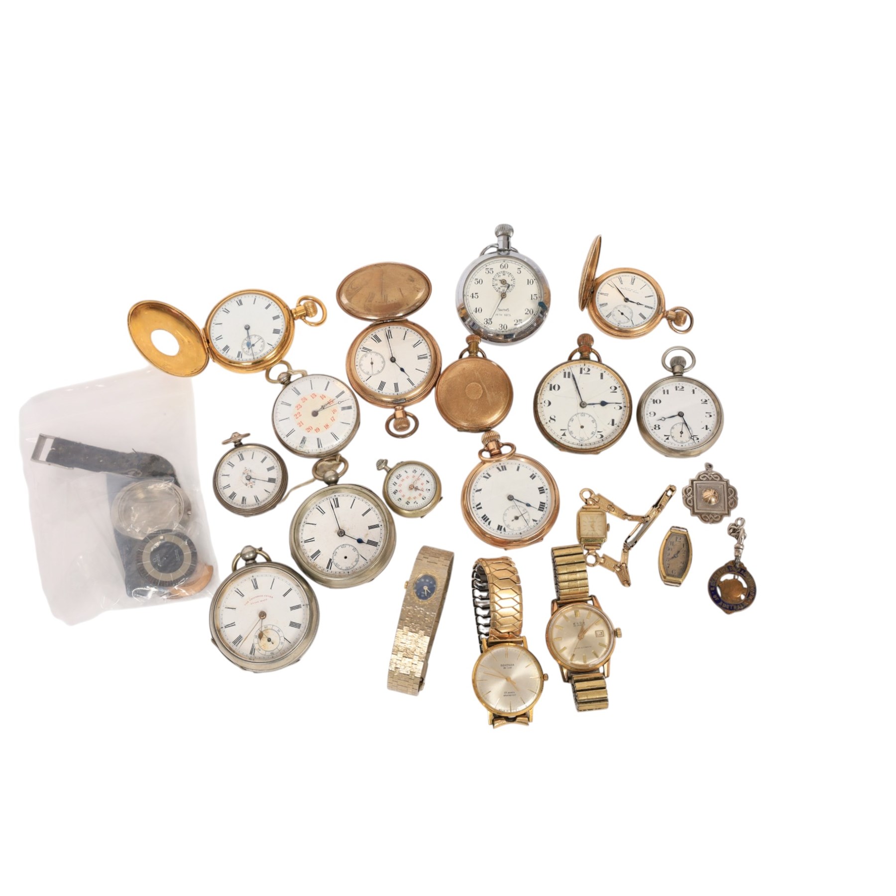Omega De Ville Dynamic dial, Omega case and movement parts and watch strap buckle, collection of gold-plated and nickle pocket watches including Waltham Traveller half hunter and other wristwatches