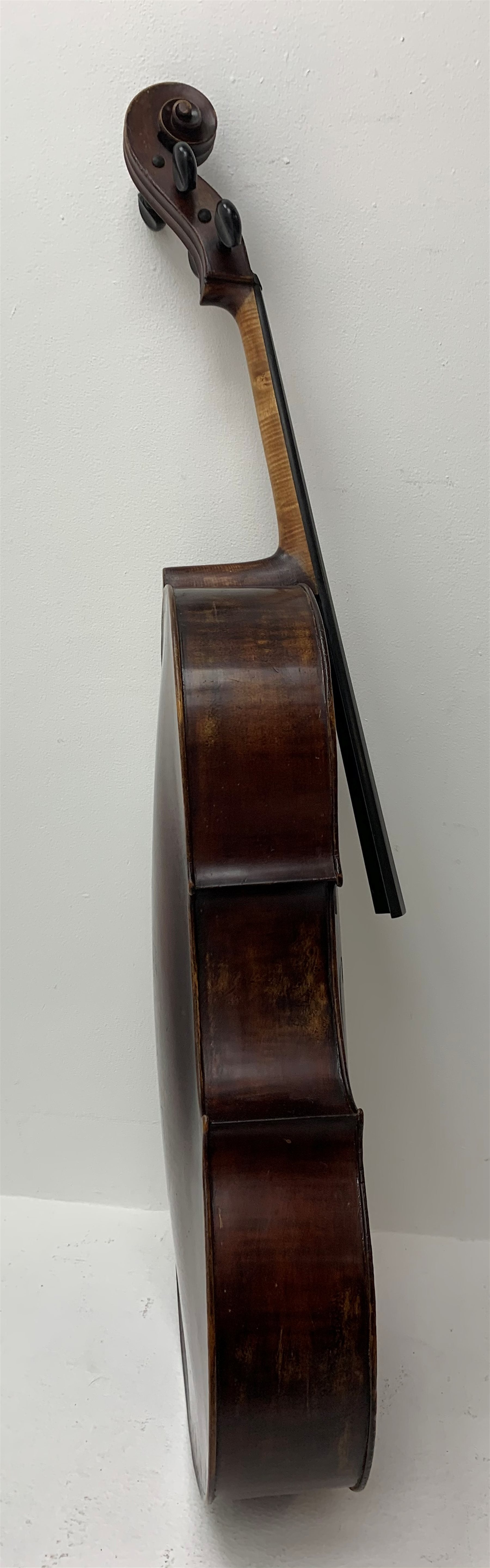  Mid-19th century German cello with 76cm two-piece maple back and ribs and spruce top, bears label Franz Janisch, Wein, VII Neubrugasse 184(?), 124cm overall, in modern soft carrying case   