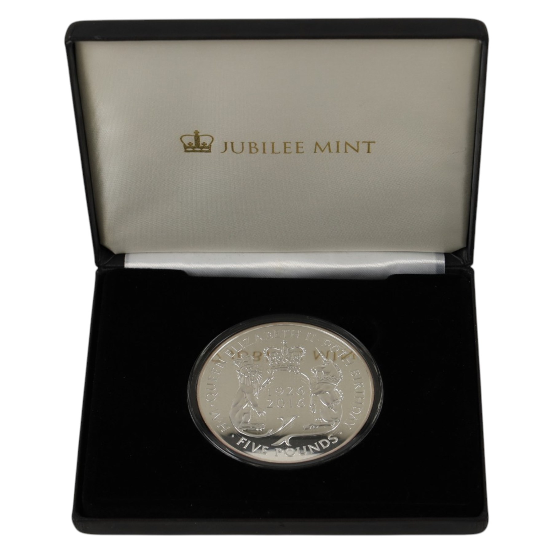 Queen Elizabeth II Tristan da Cunha 2016 'Queen Elizabeth II 90th Birthday' five ounce silver proof twenty-five pound coin, issued by the Jubilee Mint, cased with certificate