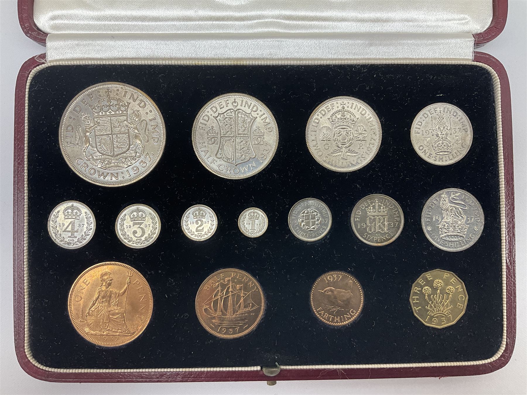 King George VI 1937 specimen coin set, fifteen coins from farthing to crown including Maundy money, in the original case