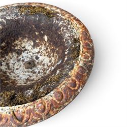 Victorian cast iron garden urn, egg and dart rim with shallow bowl, raised on stepped circular pedestal, finished in weathered white paint 