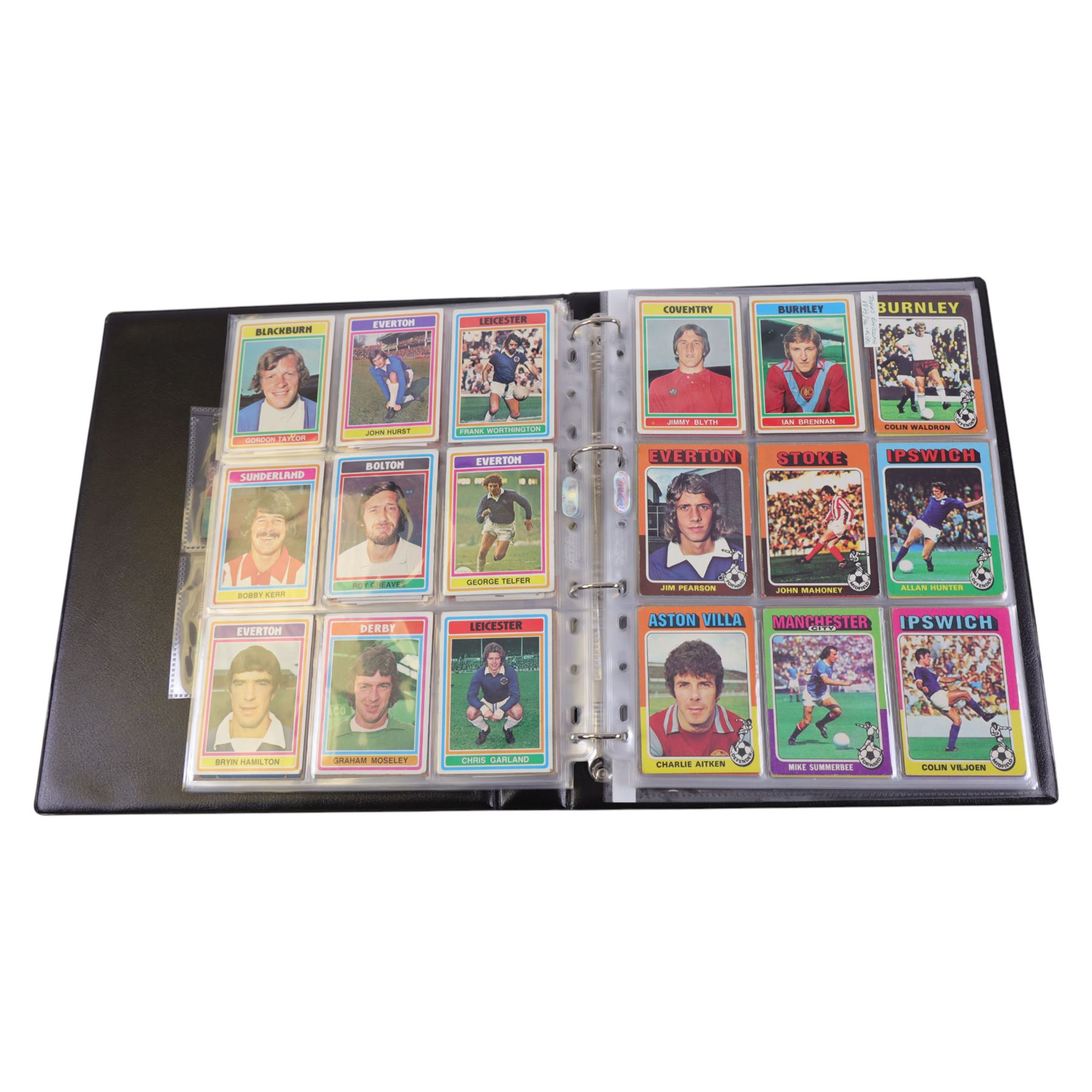 Collection of Football related trading cards, stickers and coins, including 1990 Esso World Cup Coin Collection, an empty 2010 Esso Official England Medal Collection Folder, incomplete 1990 Italy World Cup Commemorative Medal Collection, 1998 The Official England Squad Medal Collection, 1970s Topps All Stars Cards, 1992 Panini Official Football Players cards, Euro 2008 Collectors Binder and Cards, Panini 2009/10 Champions League Stickers, etc housed in four folders