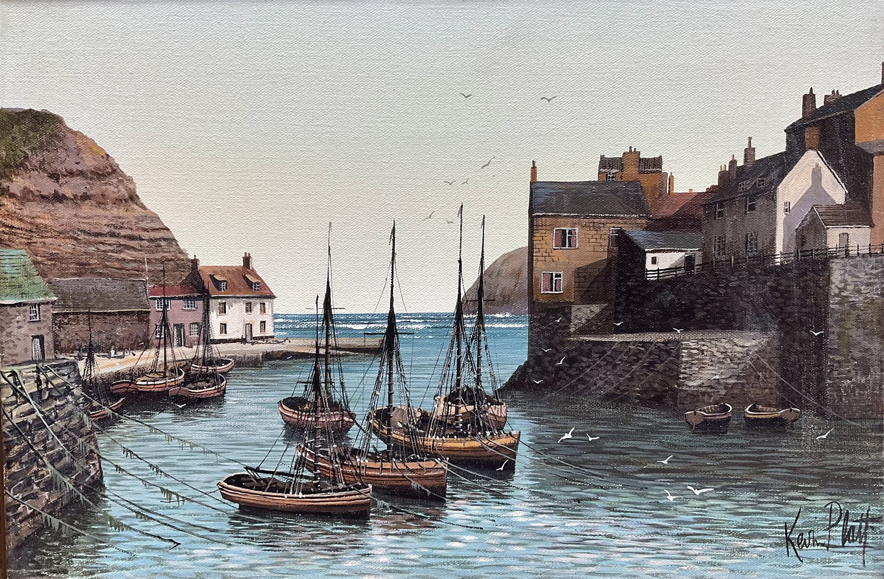 Kevin Platt (British 1945-): Staithes, oil on canvas signed 30cm x 45cm