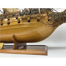 Large kit built scale model of 17th century Royal Navy warship 'HMS Sovereign of the Seas', upon wooden stand with engraved name plaque, H91cm, W111cm