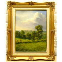 Howard Wood (British 20th century): View from the Heath (towards Wakefield), oil on panel signed and dated ’89,  40cm x 30cm