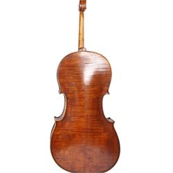 Early 19th century English cello by Samuel Gilkes of London, circa 1820, with two piece back and pine table finished in a golden brown varnish, certificate of authenticity from D.R Hill & Son, Buckinghamshire, numbered H494 in their records, in Hiscox hard case, with two horse hair cello bows, the first an English example stamped Ferranda Millars Liverpool, the second a German example stamped R. Paesold, both with ebonised mother of pearl/abalone frogs and ivory tip plates
This item has been registered for sale under Section 10 of the APHA Ivory Act