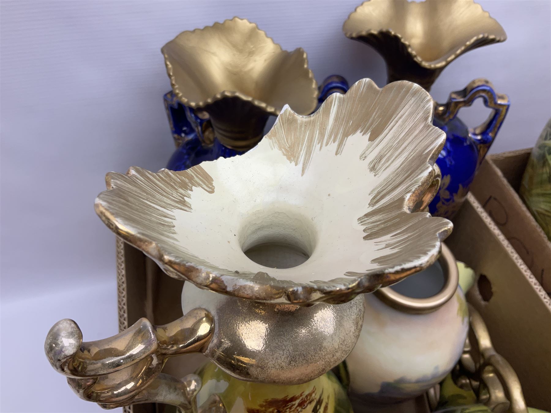 Continental hand painted vase, together with eight large Victorian vases, including some St Louis Artware examples and a pair painted with swans, tallest H50cm