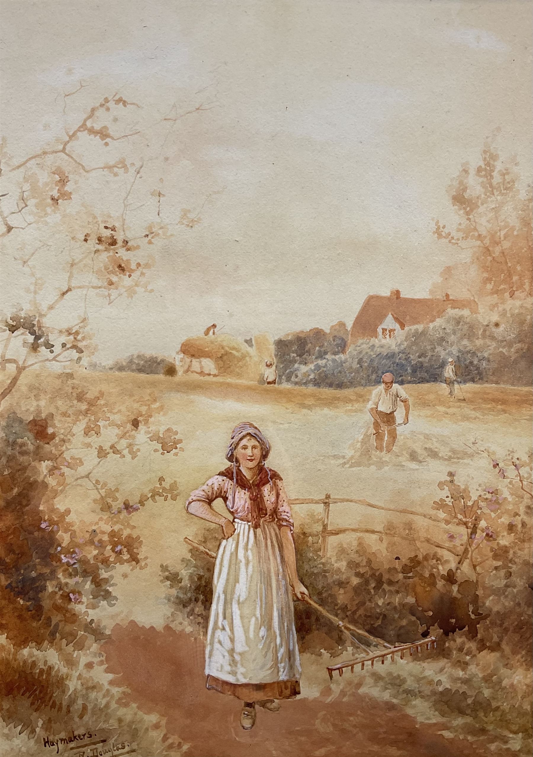Rose Douglas (British exh.1893-1898): 'Haymakers', watercolour signed and titled 35cm x 25cm