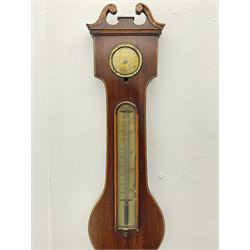 Early 19th century mahogany banjo barometer, scroll pediment over dry/damp and thermometer dials with brass registers, by ‘Crowden & Garrod, London’ (H107cm), and an early 20th century walnut and satinwood banded barometer by ‘Aitchison, London’ (H96cm)