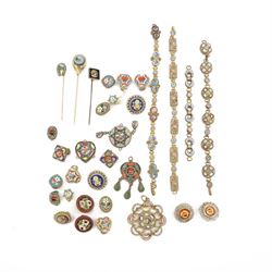 Collection of micro mosaic jewellery including three bracelets, clip-on earrings, sticks p...