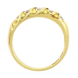 18ct diamond five stone ring, five round brilliant cut diamonds set within a twisted setting, stamped K18 Pt900, total diamond weight approx 0.35 carat