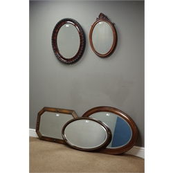  Medium oak canted rectangular framed mirror with bevelled glass (76cm x 53cm), and four other oval mirrors  