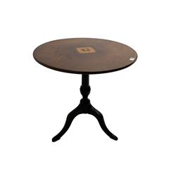 19th century mahogany circular tilt-top tripod table, with central satinwood panel