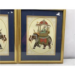 Mughal School (20th century): Elephants with Howdahs, pair paintings on ivorine with engraved detail 30cm x 22cm (2)
