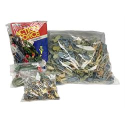 Ten 1980s Action Man Action Force figures with six original card backs; over three-hundred and forty Airfix large scale plastic soldiers; over two-hundred and thirty small scale plastic soldiers; together with accessories including boats, ladder etc
