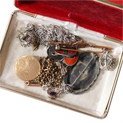 Victorian dress stud with horseshoe motif, two silver pocket watches, silver-plated pocket compass, silver pendant earrings, St George and the Dragon silver coin, mounted as a pendant, silver paste set bracelet, WW1 Victory medal awarded to PTE N Fisher, R Scots, costume jewellery etc 