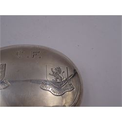 Early 20th century silver squeeze action snuff box, of oval form, engraved verso C.F. Rockcliffe, Darlington, the hinged lid engraved with initials CF and the crests for both Harrow School and Eton College, opening to reveal a gilt interior, hallmarked George Unite, Birmingham 1919, L8cm