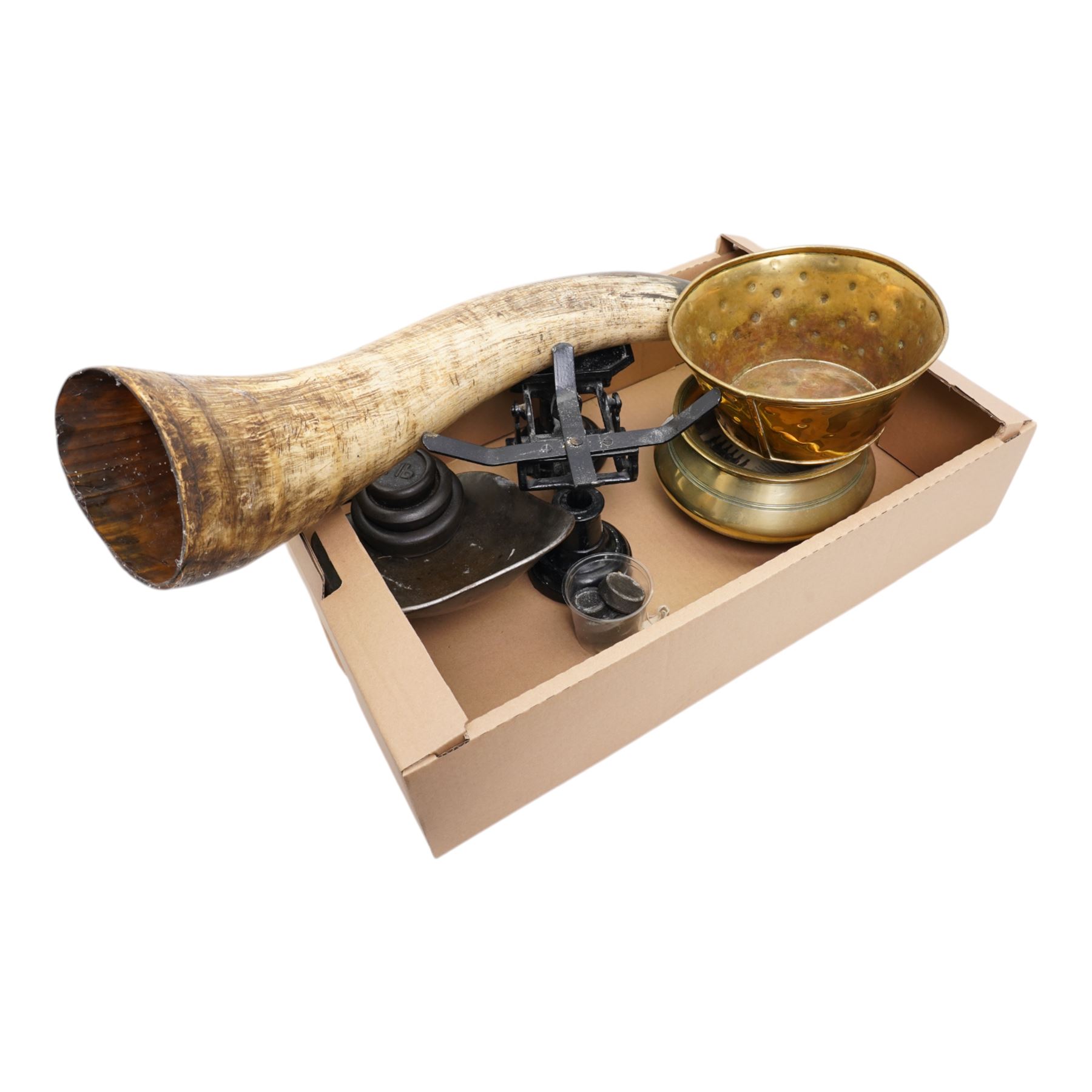 Large cow horn L74cm, kitchen scales and weights and two brass bowls