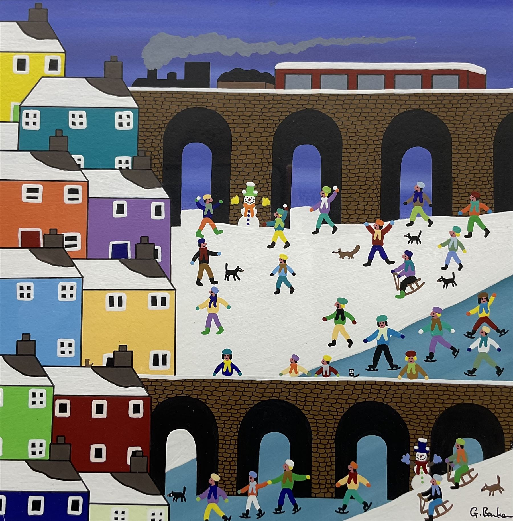 Gordon Barker (British 1960-): Sledging by the Viaduct, acrylic on paper signed 28cm x 28cm