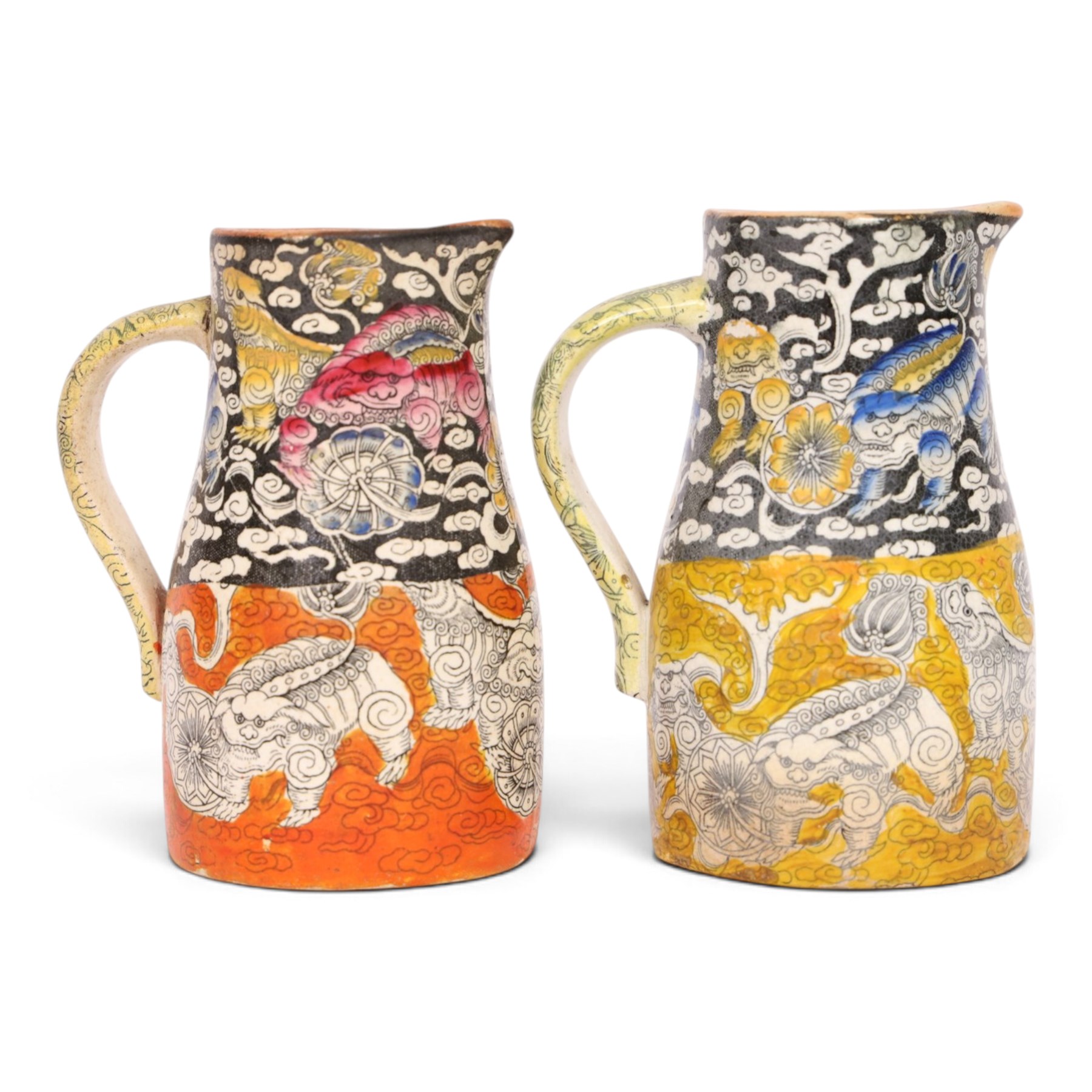 Pair 19th century Mason's Bandana pattern jugs, decorated in with Foo dogs, medallions, and cloud scrolls, H12cm