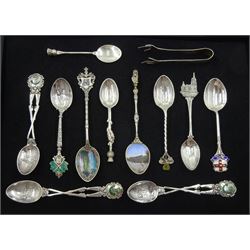 Three Edwardian silver 68th (Durham) Regiment of Foot (Light Infantry) competition rifle shooting teaspoons two by Mappin & Webb, three continental souvenir teaspoons, stamped 800 or hallmarked, four others including Scottish thistle and York and a pair of silver sugar tongs, all hallmarked, approx 5.5oz