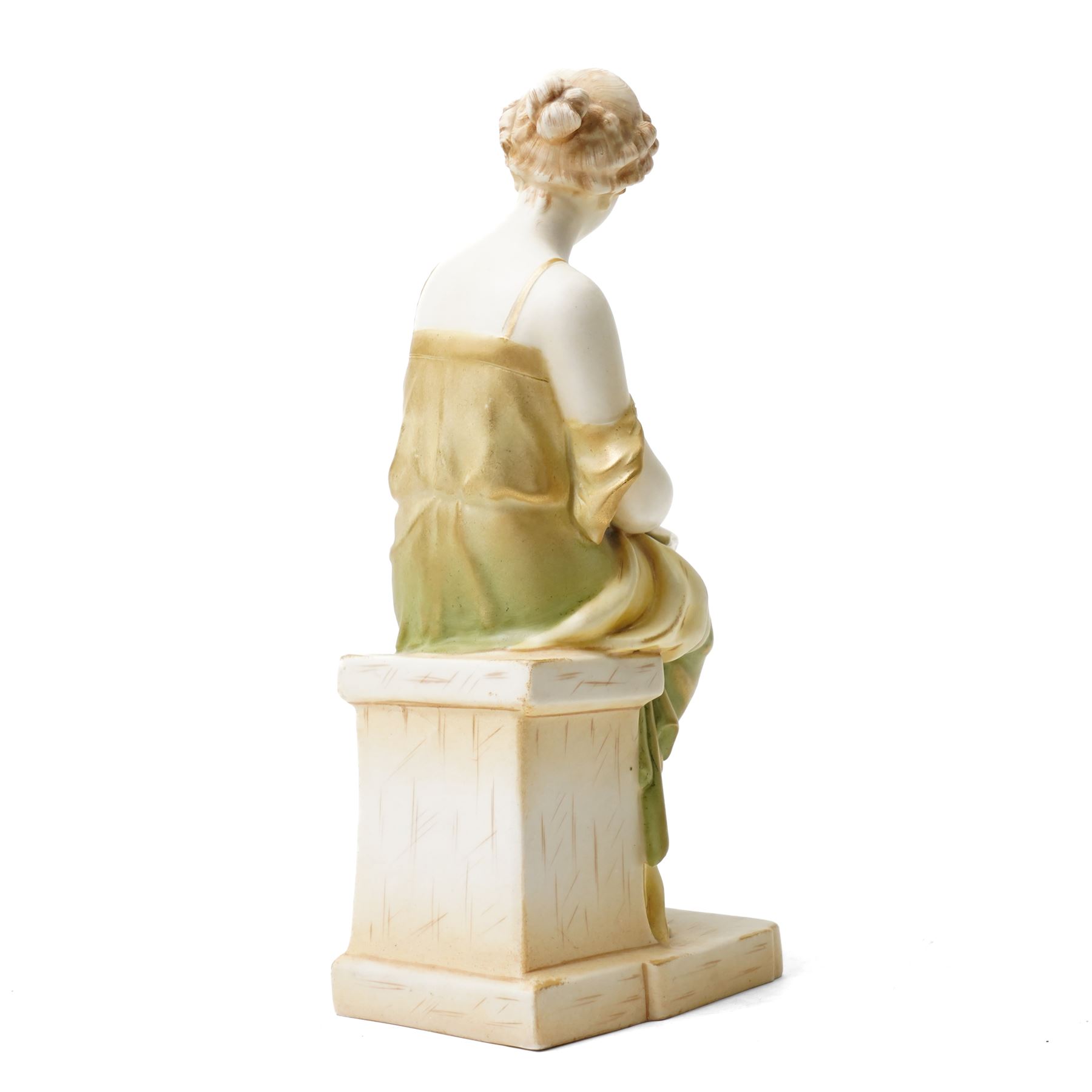 Ernst Wahliss for Royal Vienna classical female figure seated on a pillar writing in a book on gilt lined base H27cm 
