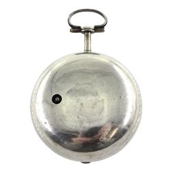 Early George III silver repousse pair cased verge fusee pocket watch by Samuel Weldon, London, No. 24807,  square baluster pillars, pierced and engraved balance cock, white enamel dial with Roman hours and outer Arabic minute ring, Louis XIV hands, bull's eye glass, inner case marked D. P, London 1761, the  outer case depicting figures in a garden setting with scroll borders