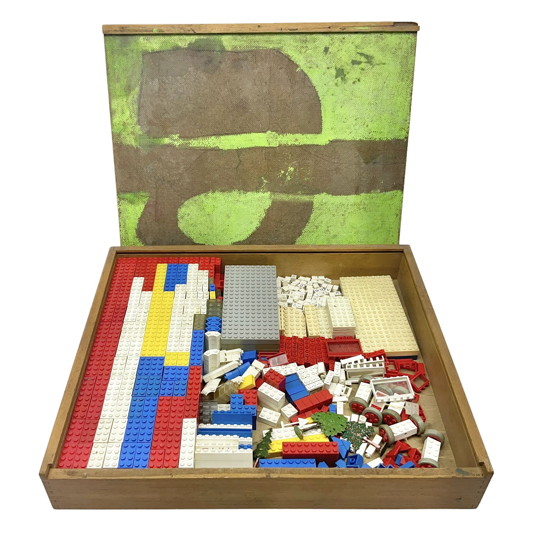 Lego - quantity of loose sections including various size blocks, base plates, windows, axles with wheels, alphabet/number blocks etc; in wooden box