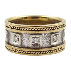 9ct white and yellow gold Byzantine style five stone diamond ring, hallmarked 
