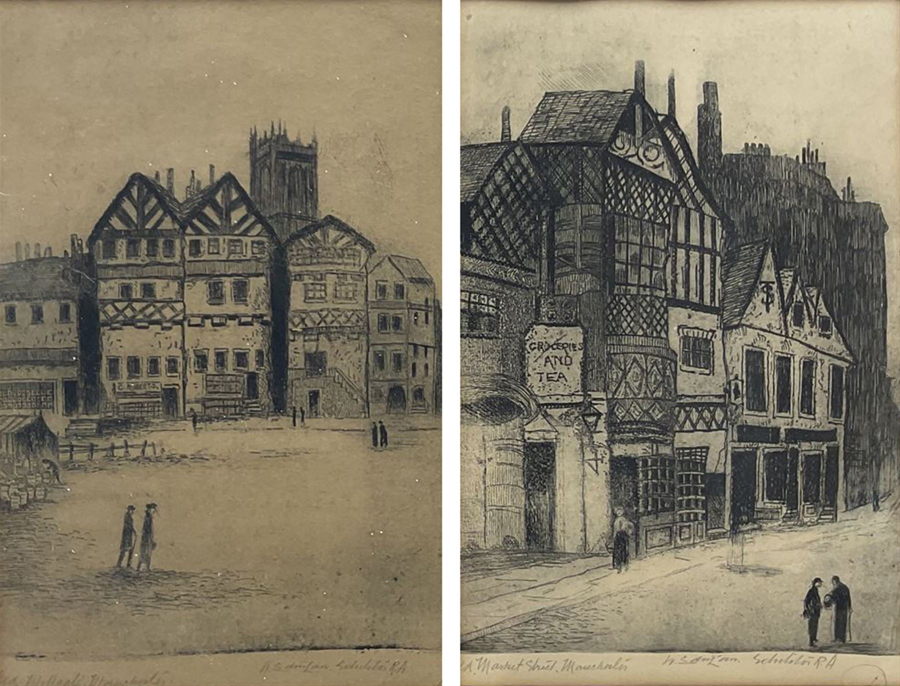 Walter Edwin Law (British 1865-1942): 'Old Millgate' and 'Old Market Street' Manchester, pair etchings signed and titled 22cm x 15cm (2)