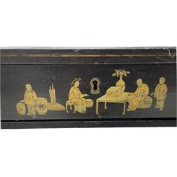 Early 19th century Chinoiserie work or sewing table, the hinged lid decorated with floral spandrels enclosing figures of seated noblemen, the interior fitted with various lidded compartments, turned bone handles, shaped and pierced end supports on sledge feet with paw carved terminals 