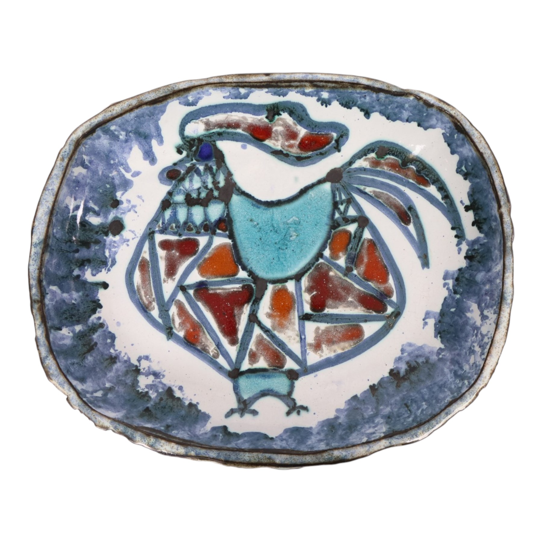 Adam Dworski (1917-2011) - oval dish, decorated to the centre with a stylised cockerel, signed beneath, L29cm, W24cm 